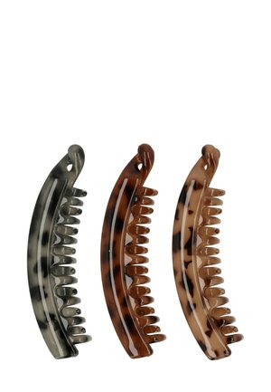 Trois barrettes en plastique. Couleurs : gris avec des taches noires, marron avec des rayures foncées et brun clair avec un motif marbré.