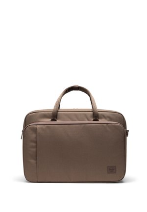 Sacoche d'ordinateur portable rectangulaire marron avec deux poignées et une poche zippée à l'avant sur fond blanc.