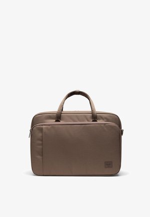 Sacoche d'ordinateur portable rectangulaire marron avec deux poignées et une poche zippée à l'avant sur fond blanc.