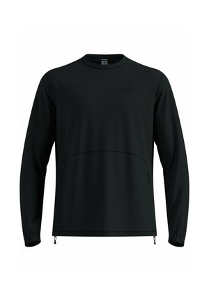 Black long-sleeve pullover with a round neckline, made of smooth fabric. Features side zip pockets and elastic cuffs for a snug fit.