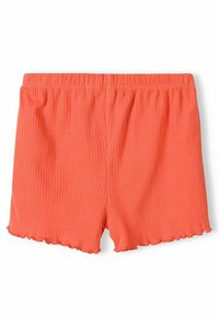 Gestreifte, korallenorangefarbene Shorts mit elastischem Bund und gewelltem Saum. Hergestellt aus weichem Stoff, bieten sie eine lockere Passform und eine leichte Textur.