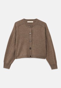 Hnedý pletený kardigan s dlhými rukávmi, rebrovanými manžetami a predným zapínaním na gombíky. Má okrúhly výstrih a mierne skrátený lem.