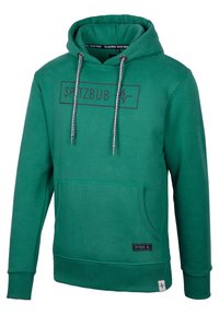 Grüne Kapuzenjacke aus Baumwollmix, mit einer großen Fronttasche, Kordeln im schwarz-weißen Schachmuster und einem Logo auf der Brust.