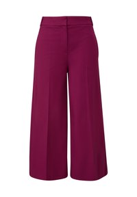 Pantalons larges prune avec une taille bien ajustée, un tissu lisse et de grands plis avant pour un ajustement décontracté. Pas de poches visibles.