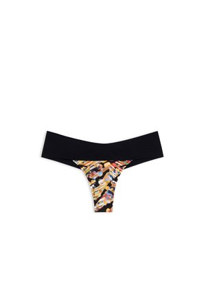 Black thong underwear with a vibrant floral pattern in the front. Smooth texture; casual design with a wide, comfortable waistband.