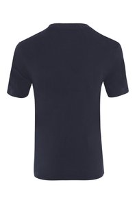 T-shirt bleu marine foncé à manches courtes avec un col rond. Fabriqué en coton doux, il présente une texture simple et lisse, sans motifs apparents.