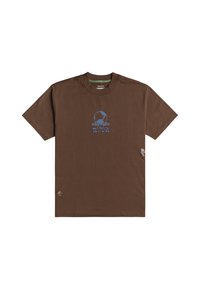 Brown cotton t-shirt features a blue graphic print in the center and a small logo stitch on the bottom left side. Crew neck design.