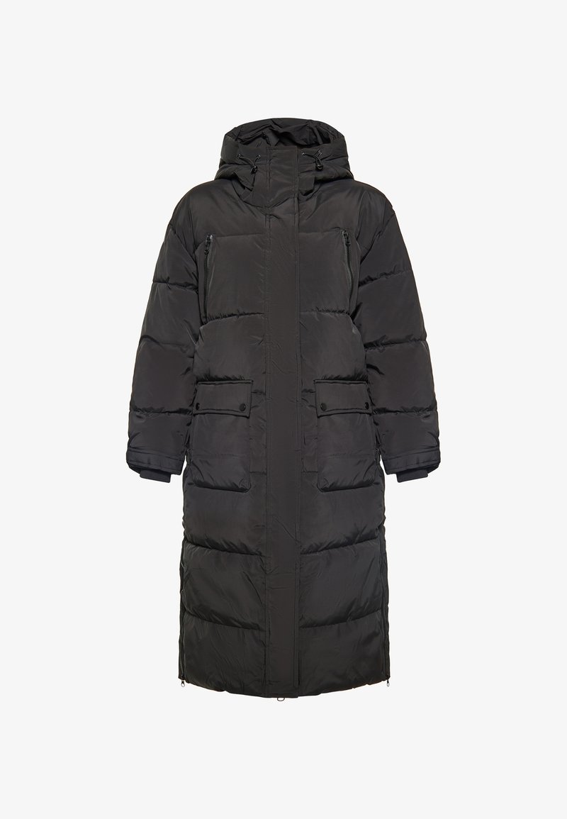 Sort pufferjakke med hætte, lynlåslukning foran og to forlommer. Designet har en lang silhuet med quiltede paneler for isolering.