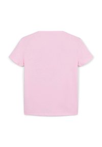Maglietta a maniche corte con collo rotondo realizzata in cotone morbido di colore rosa chiaro. Texture liscia senza motivi o dettagli visibili sul retro.