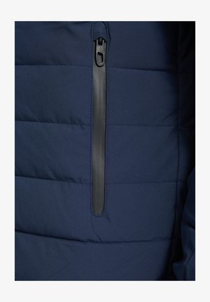 Navy blue quilted fabric with vertical black waterproof zipper pocket centered in the image on a jacket.