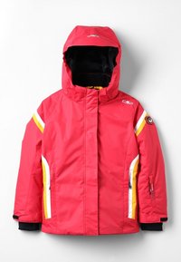 Červená izolační bunda s kapucí. Má žluté a bílé boční pruhy a černé manžety. Logo na hrudi a na rukávu. Kapsy na zip.