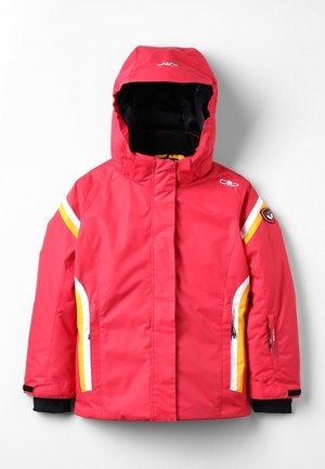 Veste isolée rouge avec une capuche. Présente des rayures latérales jaunes et blanches et des poignets noirs. Logo sur la poitrine et le bras. Poches zippées.