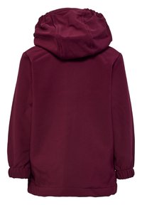 Bordeaux kleurige hooded jas met elastische manchetten en een geplooide capuchon. Gladde textuur, middellange ontwerp, effen kleur, geen zichtbare hardware of accenten.