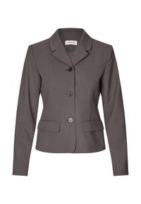 Tmavo šedý dámsky blazer s klopovým golierom, tromi prednými gombíkmi, dlhými rukávmi a dvoma vreckami so štepovaným lemom.
