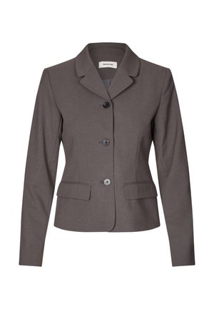 Donkergrijs damesblazer met geknipt revers, drie voorknoopjes, lange mouwen en twee klepzakken.