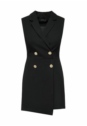 Czarna bezrękawnikowa sukienka o podwójnym zapięciu, z złotymi guzikami i dopasowanym kołnierzem. Gładka tkanina o strukturalnym kroju.