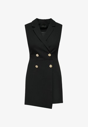 Czarna bezrękawnikowa sukienka o podwójnym zapięciu, z złotymi guzikami i dopasowanym kołnierzem. Gładka tkanina o strukturalnym kroju.