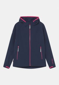 Mørkeblå jakke med hætte, med pink detaljer på indersiden og lynlåse, lavet af glat stof, inkluderer to forlommer.