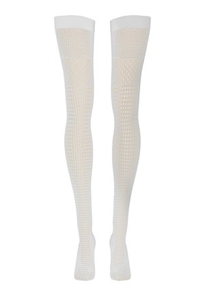 Bas résille blancs montants jusqu'à la cuisse avec des bandes blanches unies en haut sur un fond neutre.