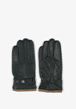 Gants en cuir verts avec une texture tissée au dos, une paume lisse et un poignet en tricot. Agrémentés d'un détail à bouton-pression.