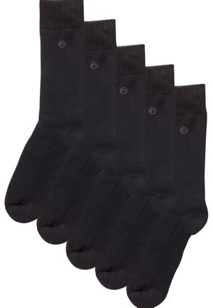 Set od pet crnih čarapa napravljenih od mješavine pamuka, s rebrastim manžetama, glatkom teksturom i ojačanim područjima prstiju i pete.