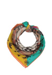 Multicolored silk scarf, triangular shape, features intricate patterns, graphic designs in black, turquoise, orange, and yellow accents.