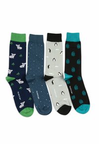Cuatro pares de calcetines coloridos: marino con koalas, azul oscuro con puntos blancos, gris claro con pingüinos y negro con olas azules.