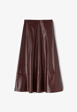 Dark brown high-waist A-line midi skirt with glossy leather texture and a seam detail near the hem.