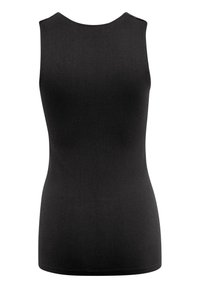 Černý žebrovaný top na ramínka s kulatým výstřihem a bezrukávovým designem, který má hladkou texturu a prodlouženou siluetu.