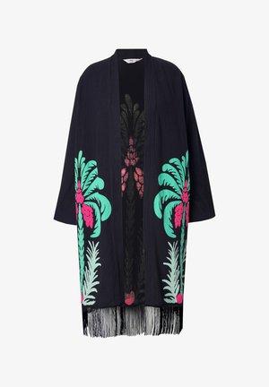 Kimono nero con vivaci design di palme verdi e rosa e frange all'orlo. Realizzato in un tessuto leggero e testurizzato.