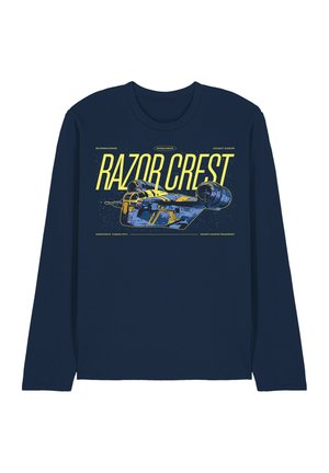 Navy long-sleeve shirt with yellow and gray Razor Crest spaceship graphic and text referencing Mandalorian and assault gunship.