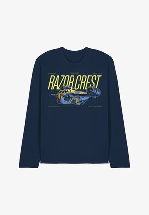 Navy long-sleeve shirt with yellow and gray Razor Crest spaceship graphic and text referencing Mandalorian and assault gunship.