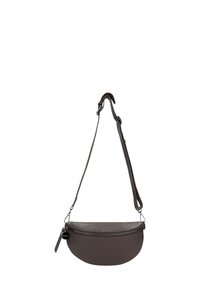 Braune Leder-Schultertasche mit runder Form, strukturiertem Oberflächenmaterial, Reißverschluss und verstellbarem Trageriemen. Enthält ein kleines Markenetikett.