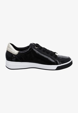 Black patent leather sneaker with textured surface, white midsole, black rubber outsole, and black laces; features a metallic silver heel accent.