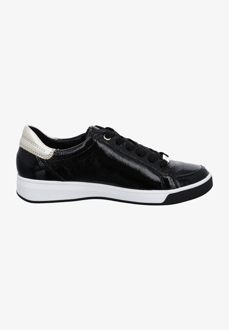 Black patent leather sneaker with textured surface, white midsole, black rubber outsole, and black laces; features a metallic silver heel accent.