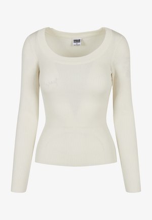 Ribbet langermet topp i off-white. Har en bred scoop-hals og en tettsittende fasong. Laget av myk, elastisk stoff.