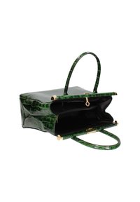 Borsa verde in pelle finta coccodrillo con accessori dorati, apertura superiore, manici doppi e un ampio interno nero con tasca con zip.