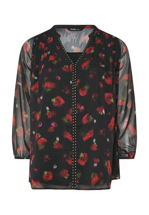 Sort, gennemsigtig bluse med et blomstermotiv i rød og pink, en V-udskæring og sølvnitter langs fronten. Lange, puffede ærmer.