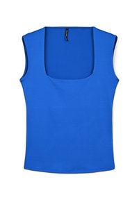 Top senza maniche di un blu reale con scollatura quadrata, realizzato in un tessuto liscio. Presenta bordi puliti e una silhouette aderente.