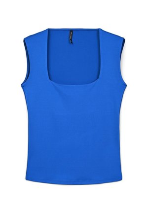 Top sans manches bleu royal avec un décolleté carré, fabriqué à partir d'un tissu lisse. Présente des bords nets et une silhouette ajustée.