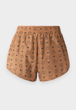 Bruine shorts met een overal logo-patroon en donkere blauwe diamantaccenten, elastische tailleband en lichtgewicht, gestructureerde stof.