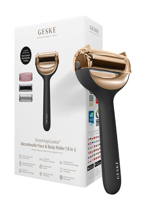 GESKE SmartAppGuidet mikro-nåle ansigts- og kroproller med rosa kvarts vedhæftning og guldfarvet mikro-nålehoved, vist ved siden af produktæsken.