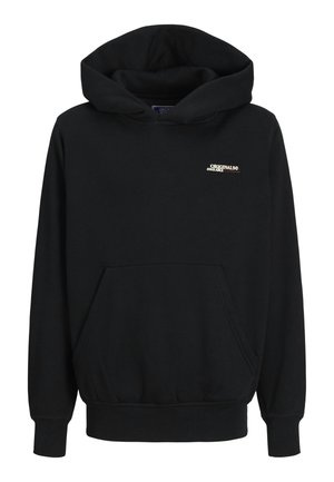 Sweatshirt à capuche noir en mélange de coton avec poche avant, poignets et ourlet côtelés, avec un petit logo sur la poitrine.