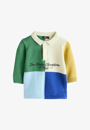Tricou polo din tricot cu mâneci scurte, prezentând blocuri de culori verde, galben, albastru și albastru deschis; text brodat "Les Petits Champions Club".