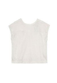 Haut blanc à manches courtes avec un col rond, texture lisse et ourlet replié ; il présente une couture au dos pour un ajustement décontracté.