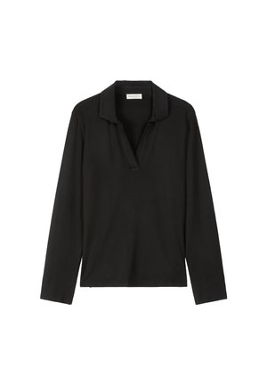 Chemise noire à manches longues avec col, présentant une coupe décontractée et une texture lisse. Sans motifs ni embellissements.