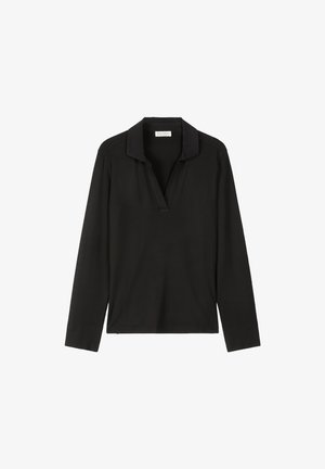 Zwarte langemouwen shirt met een kraag, met een ontspannen pasvorm en een gladde textuur. Geen patronen of versieringen.