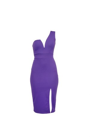 Purple fitted dress with a deep V neckline, one shoulder design, and a thigh-high slit. Made from stretchy material for a form-fitting look.