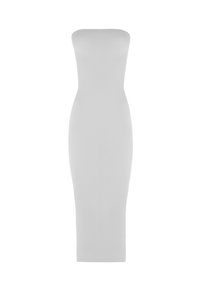 Hæmløs, tætsiddende kjole i ensfarvet hvid, lavet af glat stof. Har et midtlængde design og sømløs silhuet uden pynt.