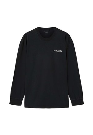 Czarna koszulka z długim rękawem i okrągłym dekoltem, z małym białym logo "ALLSAINTS LONDON" na lewej piersi, ściągaczami na mankietach i luźnym krojem.